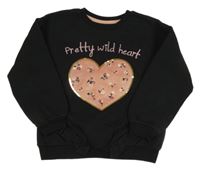 Černá mikina s květovaným srdcem s flitry a volánky C&A