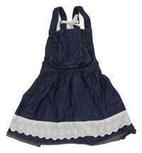 Tmavomodré plátěné šaty riflového vzhledu s volánem s madeirou