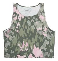 Khaki-růžový vzorovaný sportovní crop top Lefties