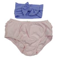 2set - Světlerůžové kalhotky na plenku s volánky + lila čelenka s mašlí