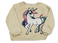 Světlebéžová plyšová mikina s jednorožcem z flitrů zn. H&M