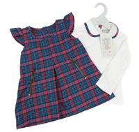 Nové - 2 set - bílé triko s límečkem + růžovo-zelené kostkované šaty 