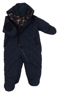 Tmavomodrá šusťáková prošívaná zimní kombinéza s kapucí 