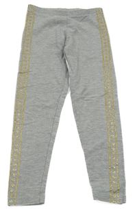 Šedé melírované legíny se zlatým pruhem se srdíčky 