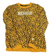 Hořčicovo-černo-zlatá mikina s leopardím vzorem a nápisem WE