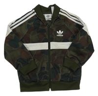 Khaki-bílá army propínací mikina s pruhy a logem Adidas