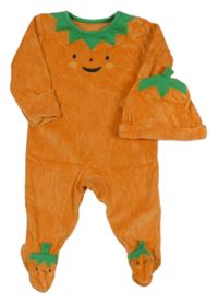 2set - Oranžovo-zelený sametový overal - dýně + čepice Nutmeg