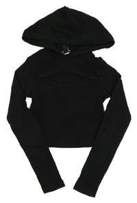 Černé žebrované crop triko s průstřihem a kapucí New Look