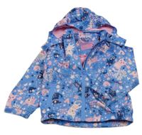 Modro-růžová šusťáková jarní bunda s kočkami a kapucí Pocopiano