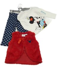 Nové - 3set - Bílé triko s Minnie + tmavomodré puntíkaté legíny + červená košinová vesta 