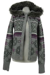 Dámský šedo-purpurový propínací svetr se vzorem a kapucí Bonprix