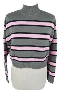 Dámský šedo-růžový pruhovaný crop svetr se stojáčkem H&M