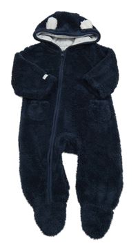 Tmavomodrá chlupatá kombinéza kapucí 