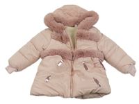 Světlerůžová šusťáková zimní bunda s kožíškem a kapucí