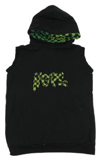 Černá tepláková vesta s potiskem a kapucí 