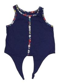 Tmavomodrý crop top s barevným lemem a uzlem Tu