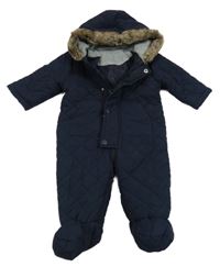 Tmavomodrá šusťáková prošívaná zimní kombinéza s kapucí George