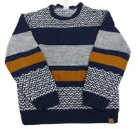 Tmavomodro-bílo-rezavý vzorovaný svetr Charanga