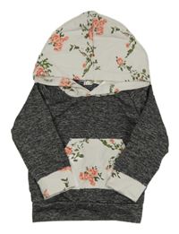 Tmavošedá melírovaná mikina s květovanou kapsou a kapucí 