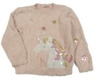 Starorůžový chlupatý svetr s jednorožcem s flitry M&Co.
