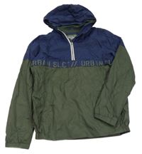 Tmavomodro-khaki šusťáková jarní bunda s nápisy a kapucí C&A