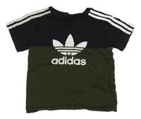 Khaki-tmavěmodré tričko s logem a pruhy Adidas
