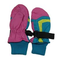 Růžovo-modrozelené šusťákové zimní palcové rukavice 