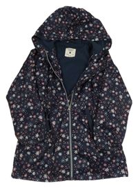 Tmavomodrá šusťáková jarní parka s kytičkami a kapucí Yd. 