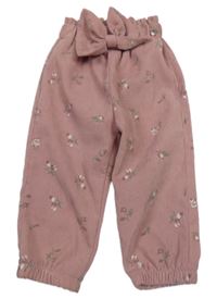 Starorůžové manšestrové kalhtoy s kytičkami a mašlí