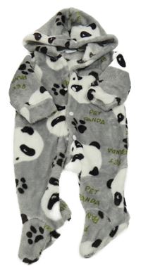 Šedá chlupatá kombinéza s pandami a kapucí 