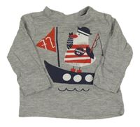 Šedé melírované triko s lodí a ptáčkem H&M