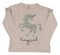 Růžovo-bílé pruhované triko s jednorožcem a volánky F&F