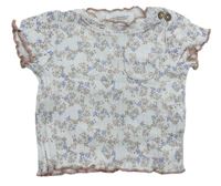 Bílo-starorůžové žebrované tričko s kytičkami a kapsou Topomini