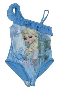 Modro-bílé jednodílné asymetrické plavky s Elsou a volánkem Disney