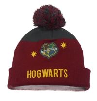 Vínovo-tmavošedá pletená čepice s erbem a nápisem - Harry Potter a bambulí