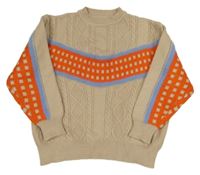 Béžovo-tmavooranžový melírovaný vzorovaný oversize svetr