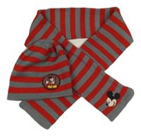 2Set - Šedo-červená pruhovaná pletená čepice s Mickey + šála Disney