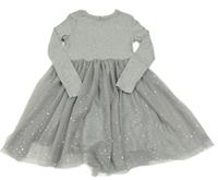 Šedé melírované žebrované šaty s tylem s flitrovými puntíky George