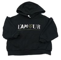 Černá oversize mikina s nápisem a srdíčkem a volánky a kapucí RIVER ISLAND