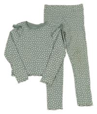 2Set - Olivovošedé květované žebrované crop triko s volánky + legíny PRIMARK