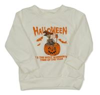 Bílá mikina s dýní a kostrou a nápisy 