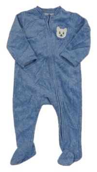 Modrý melírovaný žebrovaný sametový overal s čumáčkem a nápisy KIABI