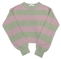 Světleolivovo/růžový pruhovaný žebrovaný pletený oversize crop svetr H&M