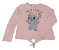 Světlerůžové triko se Stitchem a flitry a uzlem Disney