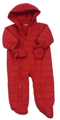 Červená šusťáková zimní kombinéza s kapucí + rukavice Next