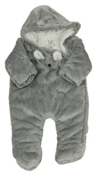 Šedá chlupatá zateplená kombinéza s čumákem a kapucí zn. F&F