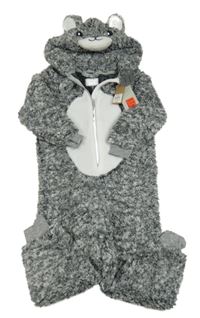 Nové - Šedo-bílá huňato/chlupatá kombinéza s kapucí - medvěd Primark