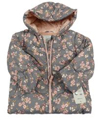 Nové - Šedá květovaná šusťáková zimní bunda s kapucí George