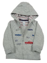 Šedá melírovaná propínací mikina s auty a kapucí C&A