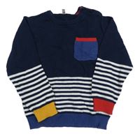 Tmavomodro-bílý svetr s pruhy a kapsou